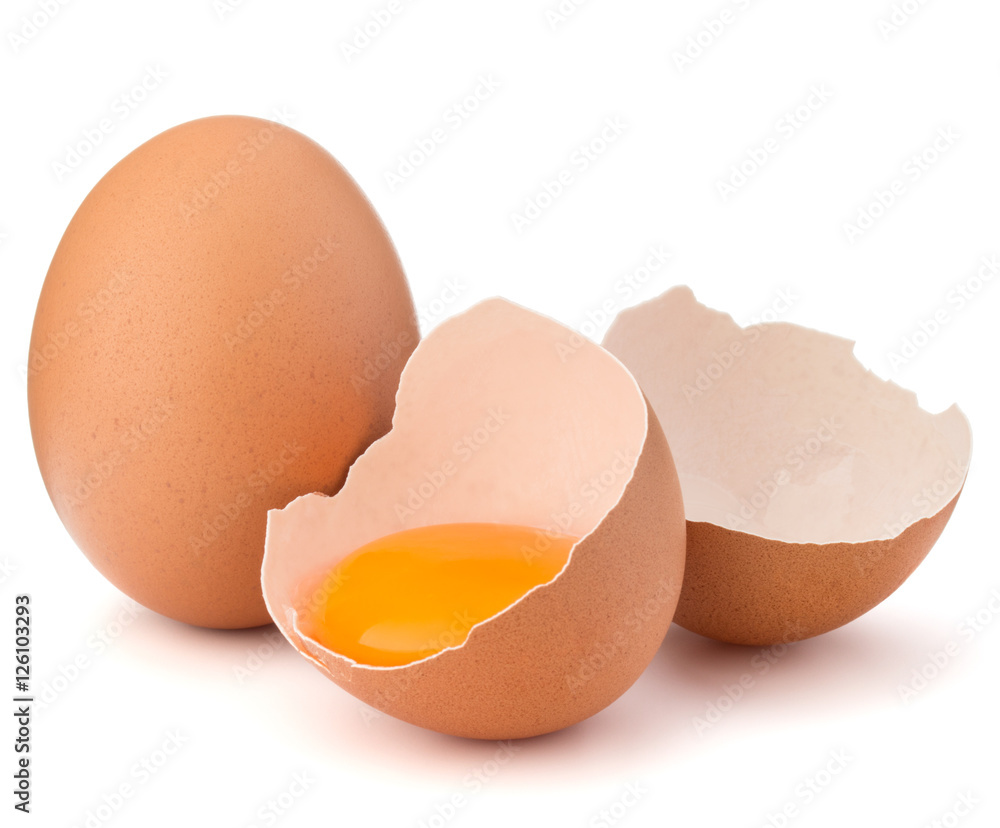Broken egg in eggshell half and raw egg isolated on white backgr Broken egg in eggshell half and raw egg isolated on white backgr