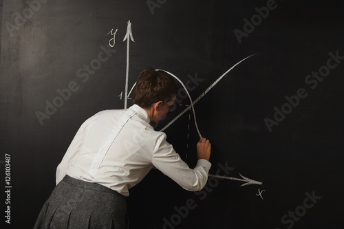 During a maths class teacher in conservative clothes draws graphs on the blackboard with white chalk