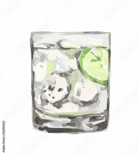 Isolated watercolor cocktail. Isolated glass with alcohol drink on white background. Ice cubes and lime.