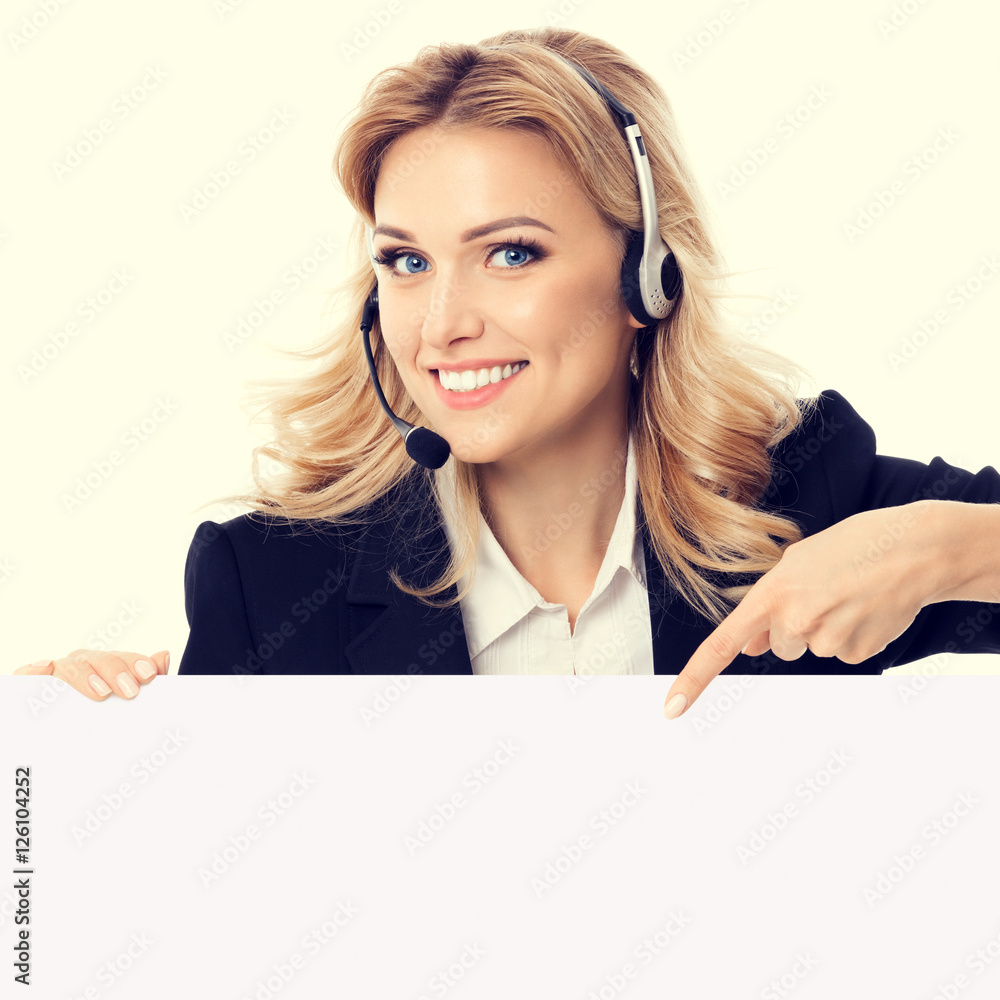 phone operator in headset showing signboard phone operator in headset showing signboard