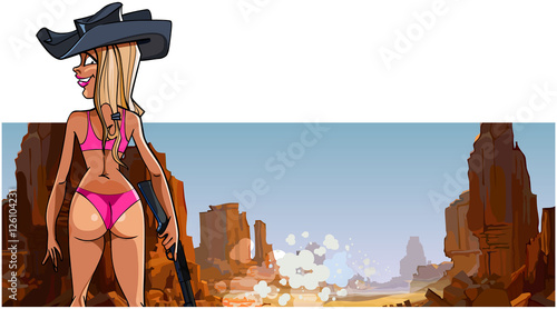 cartoon sexy woman with a gun in the stone canyon