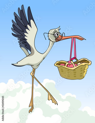 cartoon stork carries a basket with a newborn baby