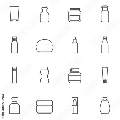 Cosmetic package line icons. Bottle tube, spray and vial outline signs