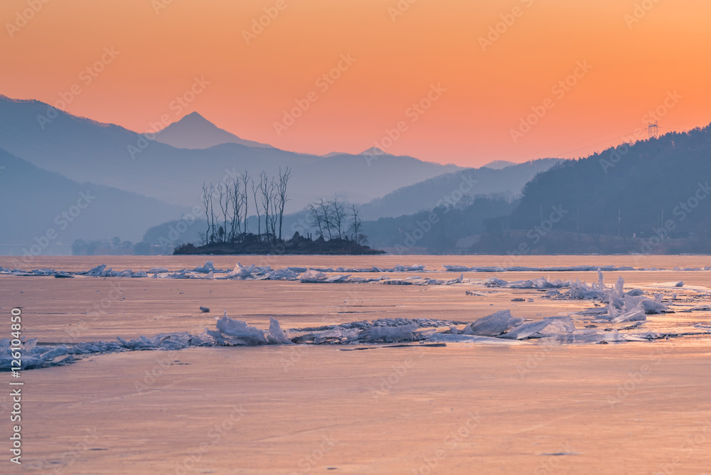 winter landscape with lake covered with ice.Korea