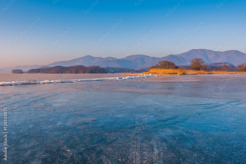 winter landscape with lake covered with ice.Seoul,Korea.