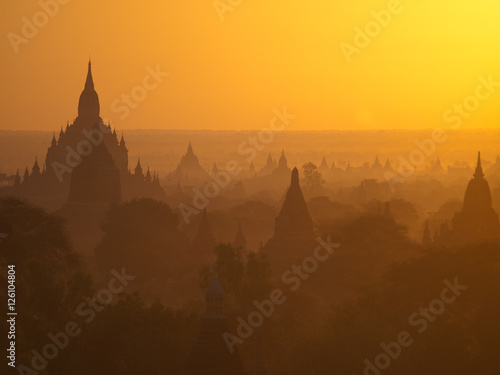 Panorama of Bagan pagodas valley shot at sunrise