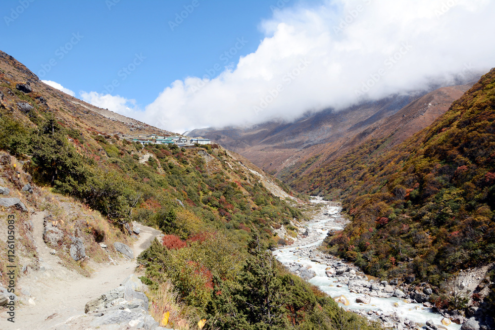 Hiking in Khumbu Valley in Himalayas mountains, Everest Base Camp trek, Nepal. Hiking in Khumbu Valley in Himalayas mountains, Everest Base Camp trek, Nepal.