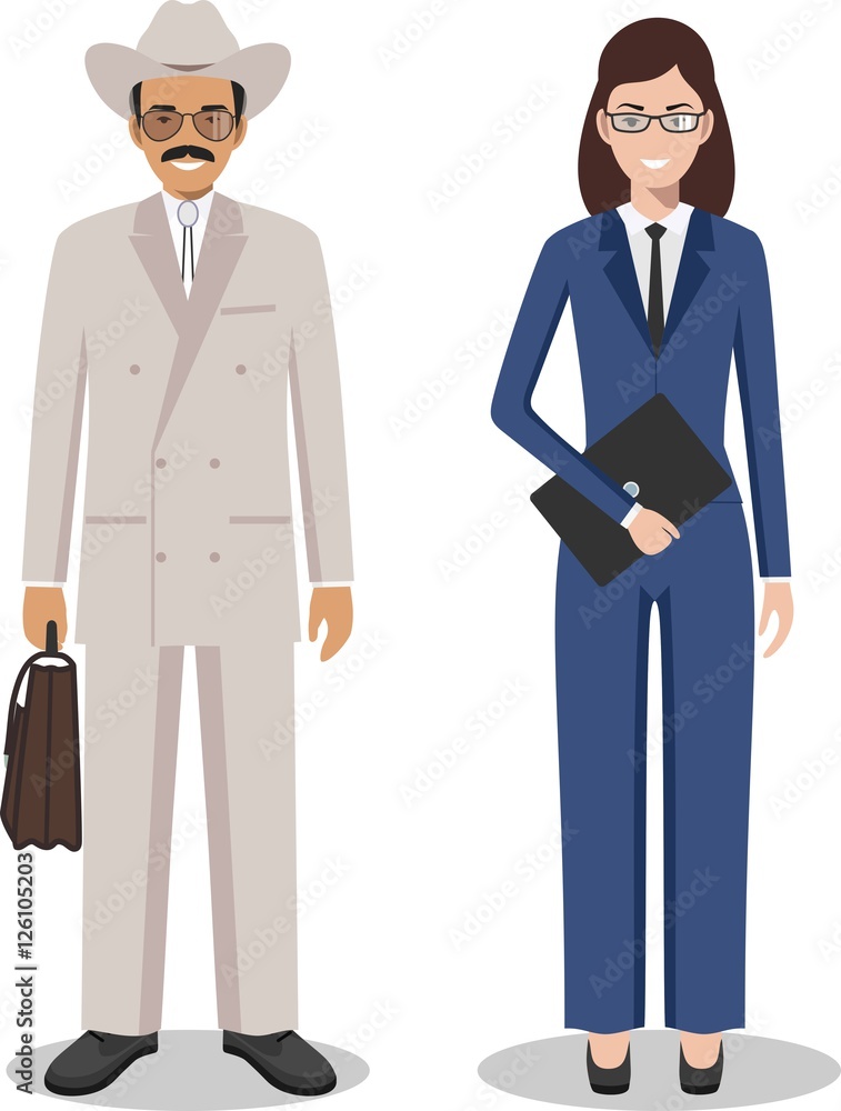 Couple of business american man and woman standing together on white background in flat style. Business USA team and teamwork concept. Flat design people characters. Vector illustration. Couple of business american man and woman standing together on white background in flat style. Business USA team and teamwork concept. Flat design people characters. Vector illustration.