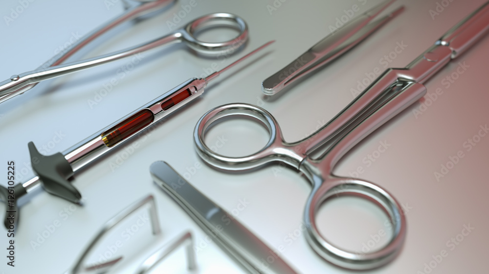 Medical devices placed on the table. 3D render. Medical devices placed on the table. 3D render.
