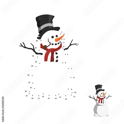 Numbers game for children. Dot to dot education game. Snowman in