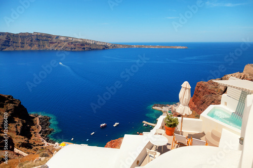 Summer resort with a perfect view of the volcano in Oia, Santori
