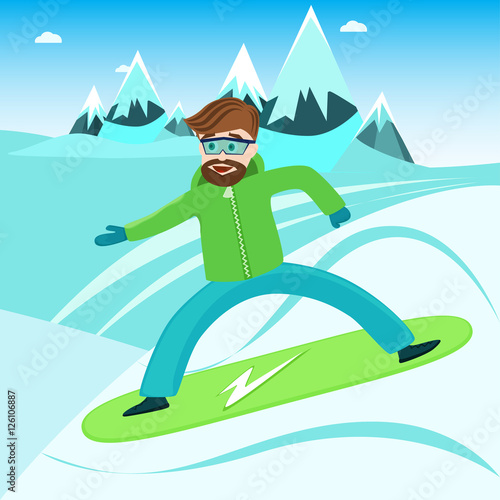 Vector illustrated cartoon snowboard rider with mountains in the background.