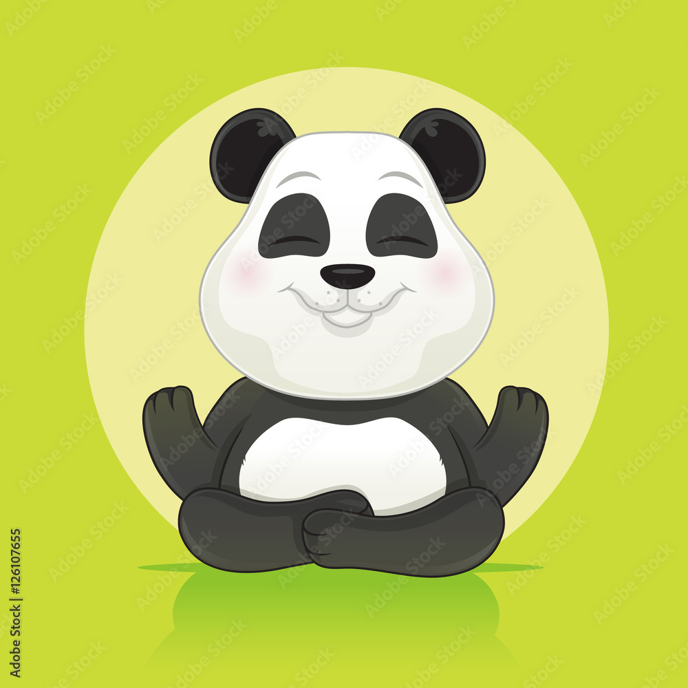Fototapeta premium Happy little panda bear sitting and meditating vector cartoon illustration