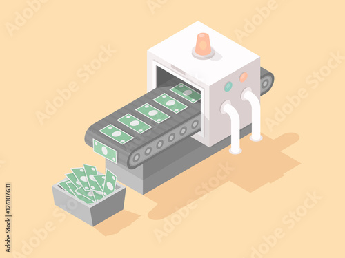 Machine making money isometric vector illustration in flat style