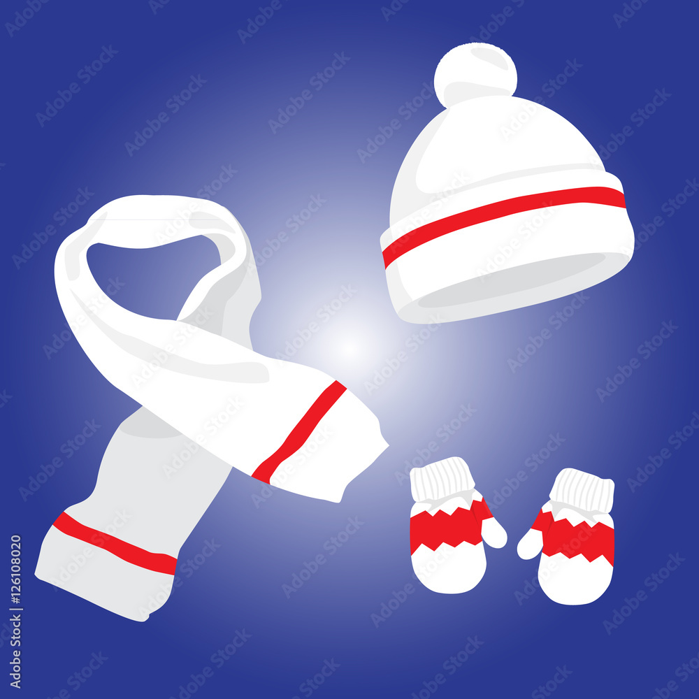 White knitted scarf, hat and mittens on white. Winter clothes set. Vector illustration. White knitted scarf, hat and mittens on white. Winter clothes set. Vector illustration.