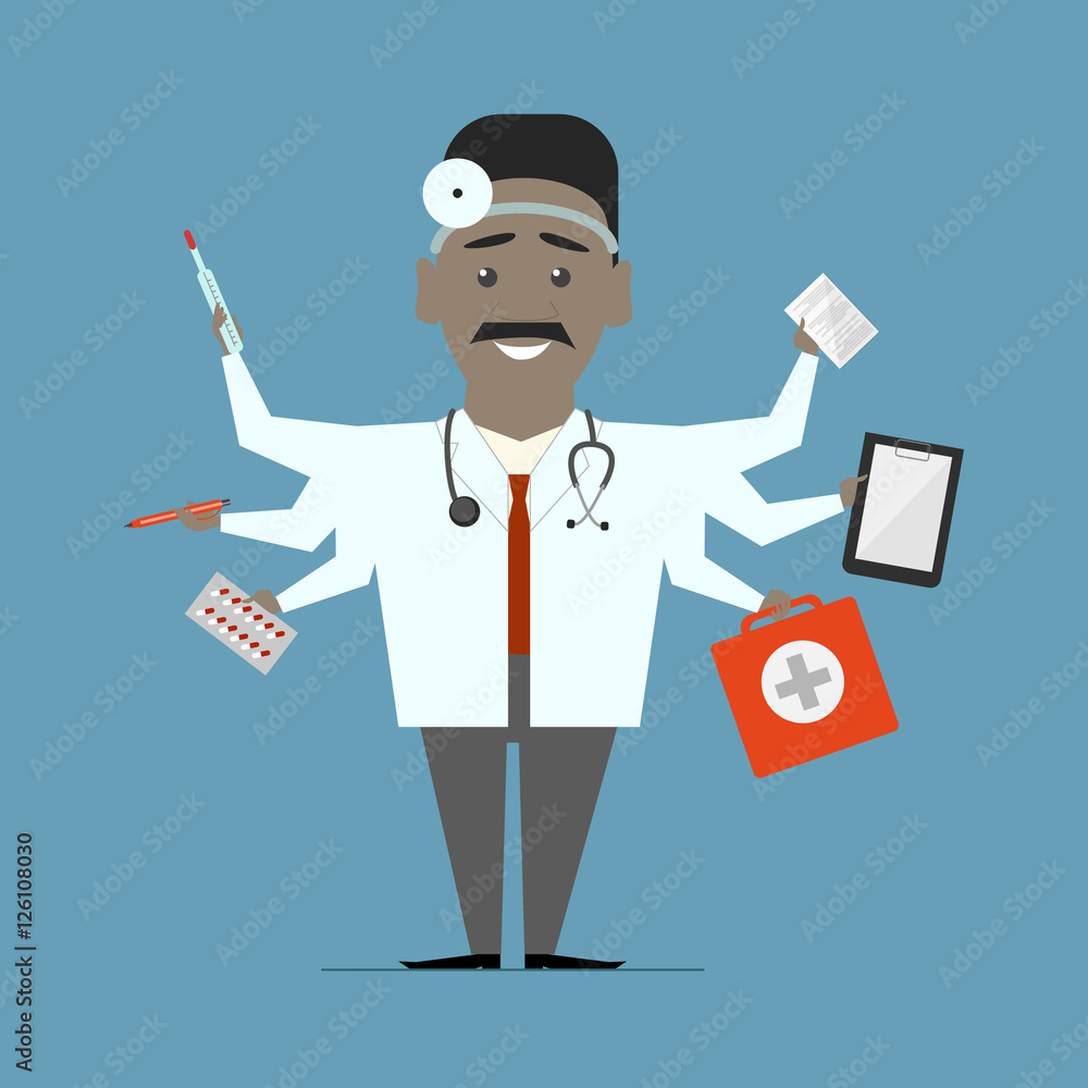 Man multi-doctor. Multitasking. Flat design vector Man multi-doctor. Multitasking. Flat design vector