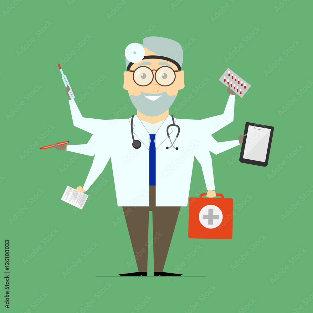Multitasking doctor man. Flat design vector Multitasking doctor man. Flat design vector