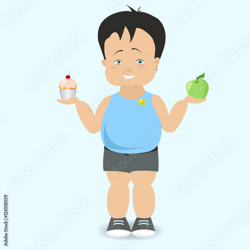The boy chooses a healthy lifestyle. The fat kid. Vector cartoon © All5