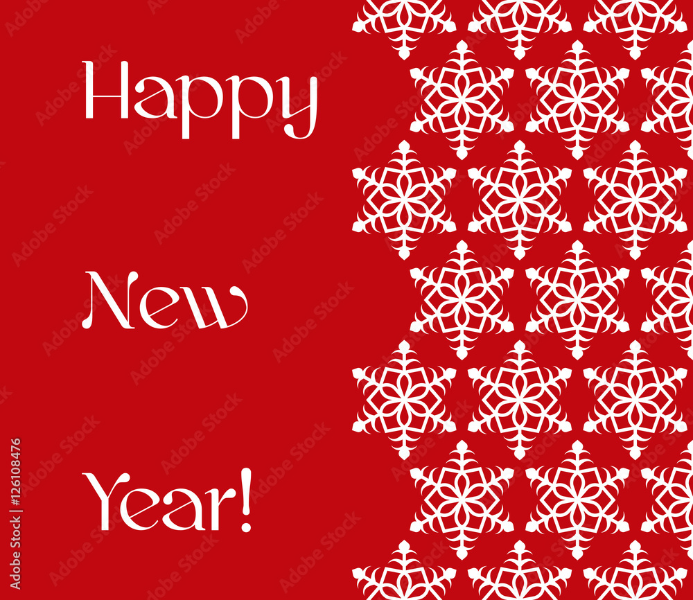 Festive pattern of white snowflakes on red background with the text 