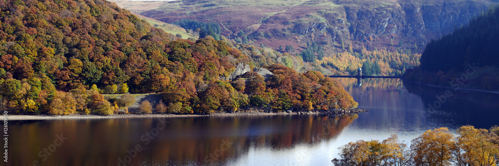 Pen Y Garreg reservoir autumn colours panorama