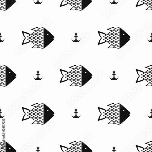 Monochrome fish pattern, Nautical pattern, seamless vector illustration