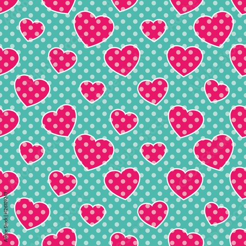 Pop-Art Hearts, Seamless colorful pattern with pink hearts on blue background, vector illustration, polka-dot