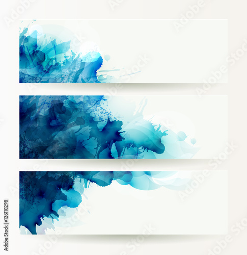 set of three banners, abstract headers with blue deliquescent blots