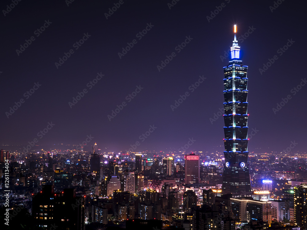 Cityscape nightlife view of Taipei. Taiwan city skyline at twilight time, public scene from view point at Elephant Mountain Hiking Trail in purple tone