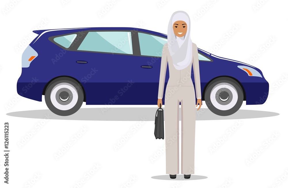 Arab businesswoman standing near the car on white background in flat style. Business concept. Flat design people character. Vector illustration. Arab businesswoman standing near the car on white background in flat style. Business concept. Flat design people character. Vector illustration.