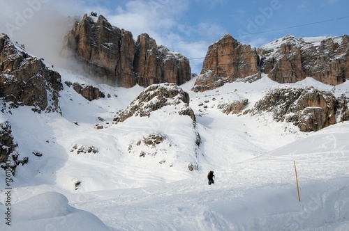Sass Pordoi  in the Sella Group  with snow in the Italian Dolomites  from Pass Pordoi. Italy.