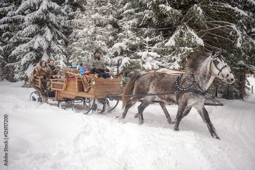 Family enjoying a ride in a horse-drawn sleigh in winter
