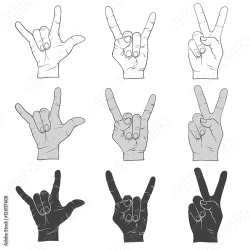 Three Hand Signs Gestures Outline and Filled