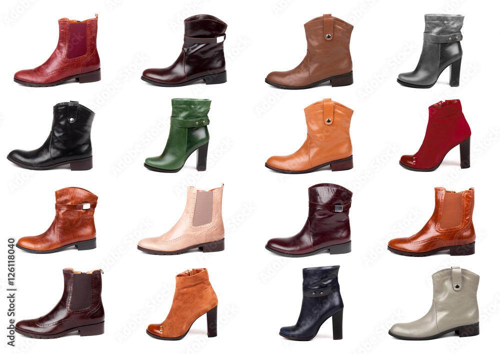 collage of modern fashionable women boots shot in studio, isolated on white collage of modern fashionable women boots shot in studio, isolated on white