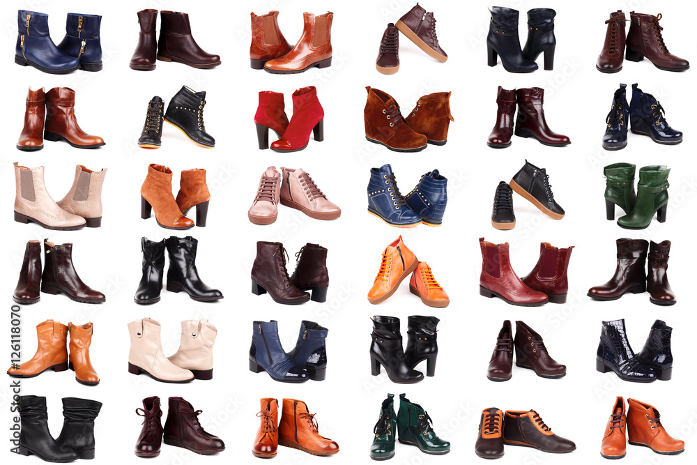 collage of modern fashionable women boots shot in studio, isolated on white collage of modern fashionable women boots shot in studio, isolated on white