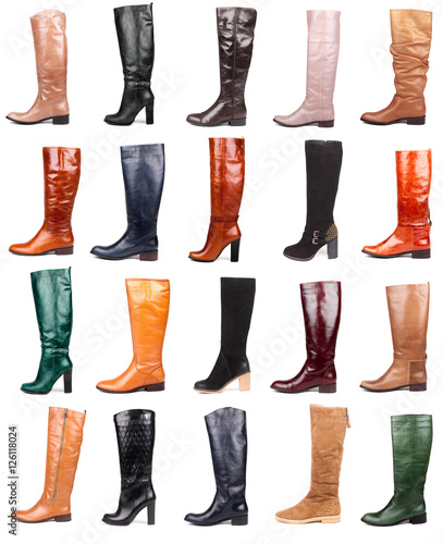 collage of modern fashionable women boots shot in studio, isolated on white