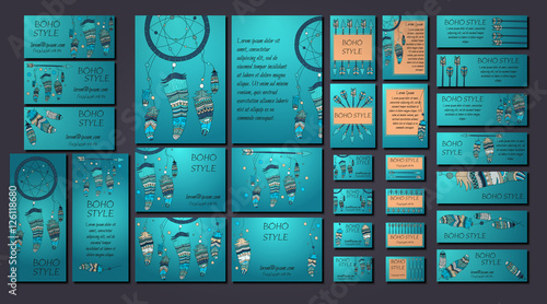Boho design brochure and business card templates with dreamcatcher, arrow, feather tribal ethnic elements. Vector illustration.