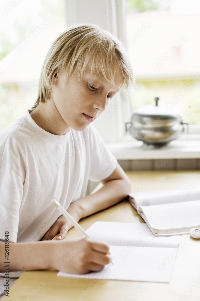 Boy writing in book on table at home Boy writing in book on table at home