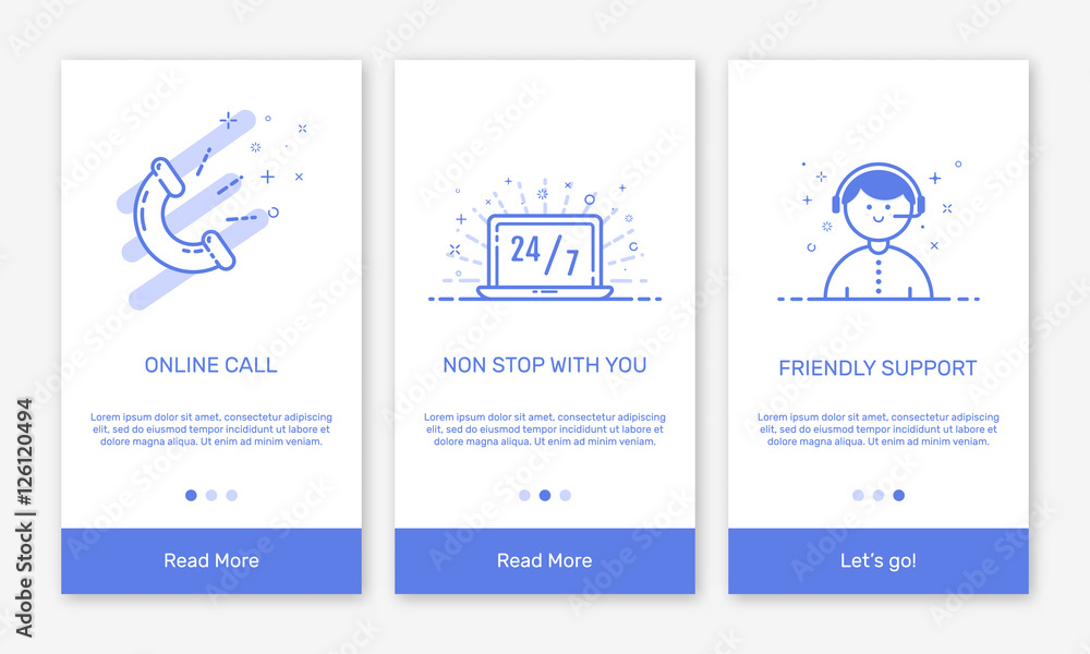 Vector Illustration of onboarding app screens and flat line web icons ...