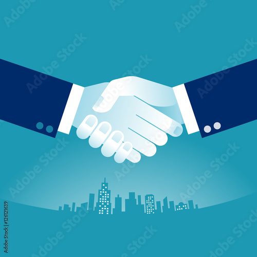 Hand shake. Businessmen shaking hands on a background of skyline. Concept business vector illustration