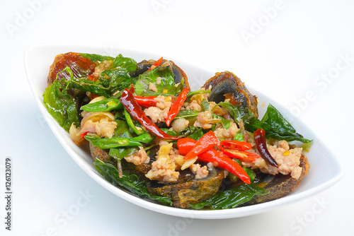 Fried basil with pork and preserved egg 