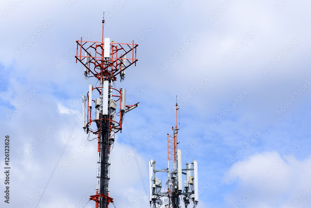 The telecommunication antenna tower building with the blue sky The telecommunication antenna tower building with the blue sky