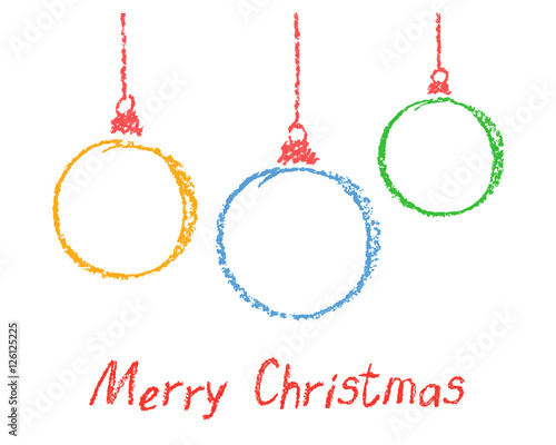 Colored round christmas ball design elements. Set of funny copyspace. Colorful crayon pastel chalk crayon hand drawing holiday frames, vector background isolated on white. Kids drawing vector banner.