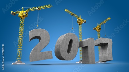 3d illustration of cranes building 2017 year word over blue background