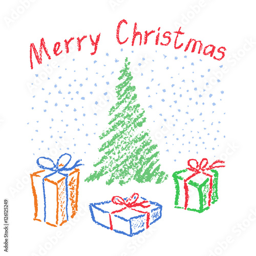 Crayon child's drawing merry christmas funny gift and tree on white. Pastel hand painting of holiday present. Kids drawing vector illustration.
