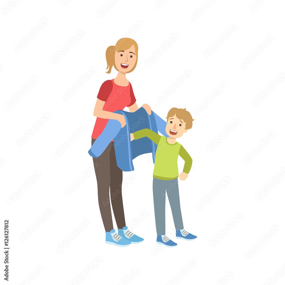Mother And Child Preparing For Walk Together Illustration