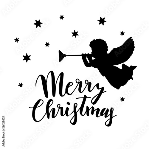 Vintage Christmas greeting card, invitation with silhouette of angel blowing trumpet and stars. Handwritten Merry Christmas.
