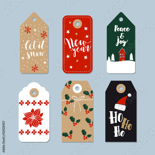 Vintage Christmas gift tags set. Hand drawn labels with lettering quotes. Isolated vector illustration objects.