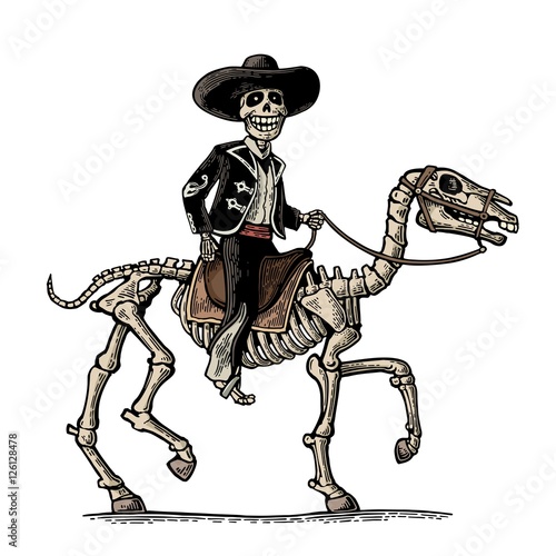 The rider in the Mexican man national costumes galloping on skeleton horse.