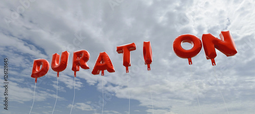 DURATION - red foil balloons on blue sky - 3D rendered royalty free stock picture. This image can be used for an online website banner ad or a print postcard. photo