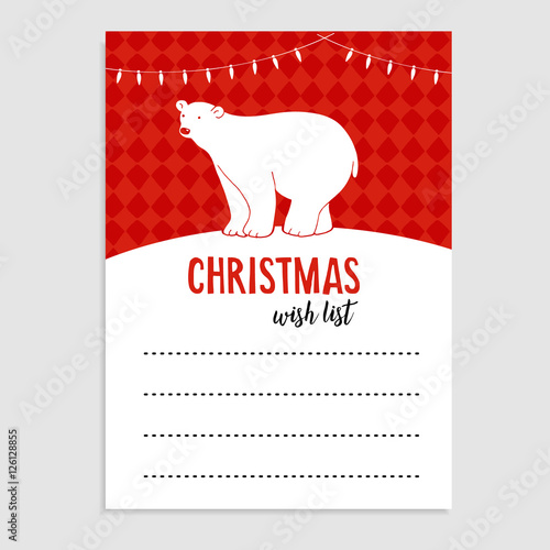 Cute Christmas greeting card, wish list. Polar bear with Christmas lights and snow. Hand drawn vector illustration background.